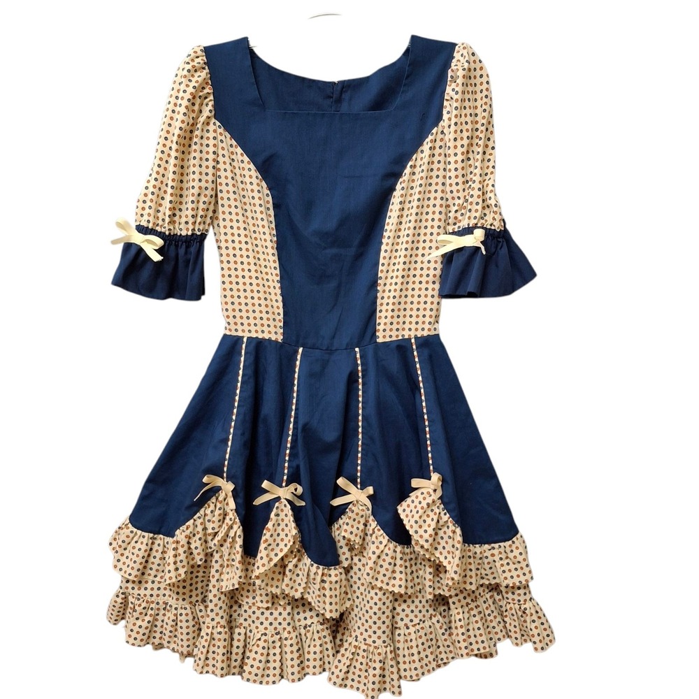 Handmade Girl Dress Size 16 Navy Floral Short Puff Sleeve Ruffled Bows Country